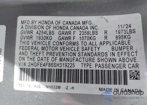 2025 Honda Civic Hybrid Sport/Sport Touring из США, поврежденный, VIN 2HGFE4F86SH319225